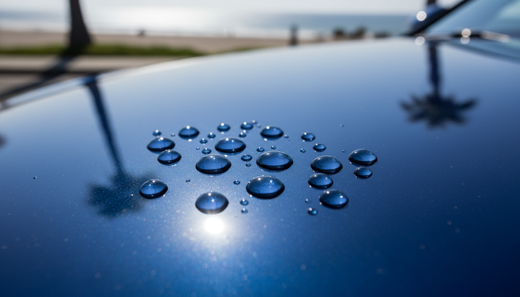 Close-up of water beading on protected car paint in sunlight