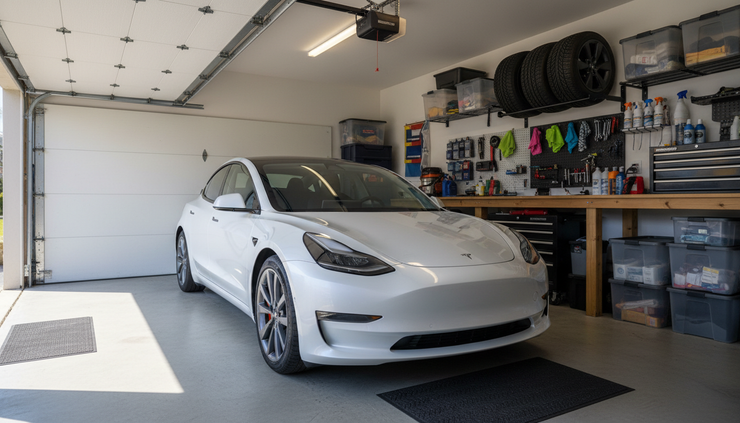 Eye-level view of a glossy car parked inside a clean home garage