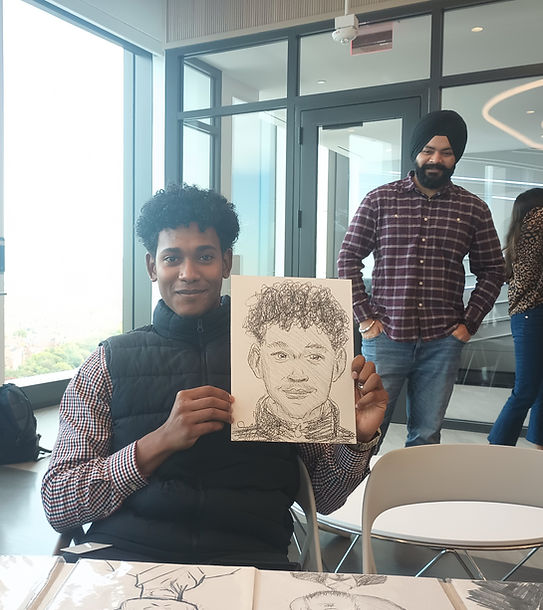 Graduation party guests enjoying custom caricature keepsakes.