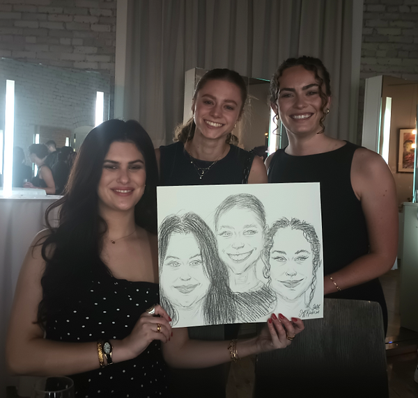Graduation party guests celebrating with custom caricatures.