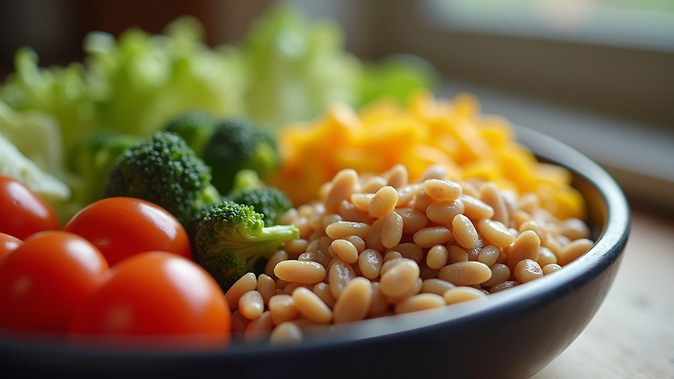 Close-up view of a balanced meal with colorful vegetables and grains