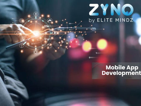 Mobile app development concept showing developer using smartphone with digital network and technology interface