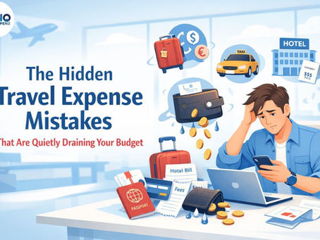 Traveler stressed about hidden travel expenses while checking budget on phone with receipts, bills, and leaking wallet illustration
