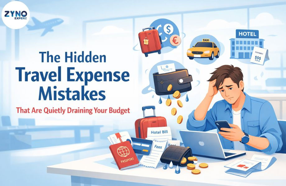 Traveler stressed about hidden travel expenses while checking budget on phone with receipts, bills, and leaking wallet illustration