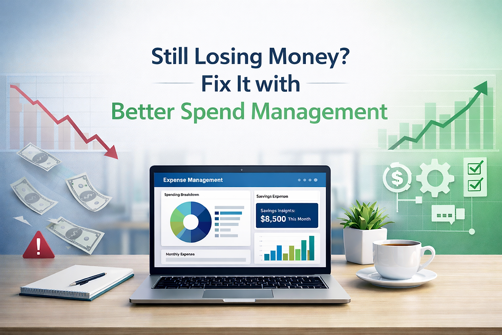 Still Losing Money? Fix It with Better Spend Management banner showing a laptop with expense dashboard, declining vs rising graphs, and a clean corporate workspace design