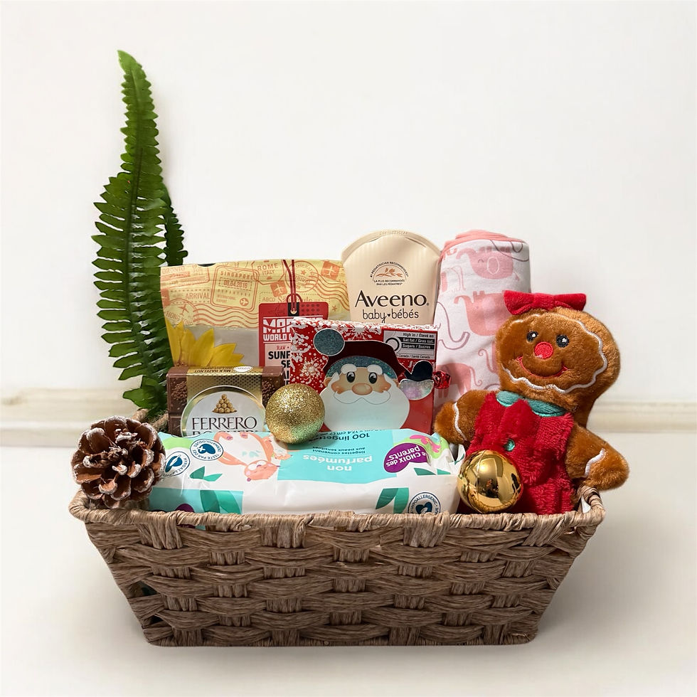 gift basket with baby products, new mom products, baby wipes, plush toy, baby lotion, chocolates, holiday gift