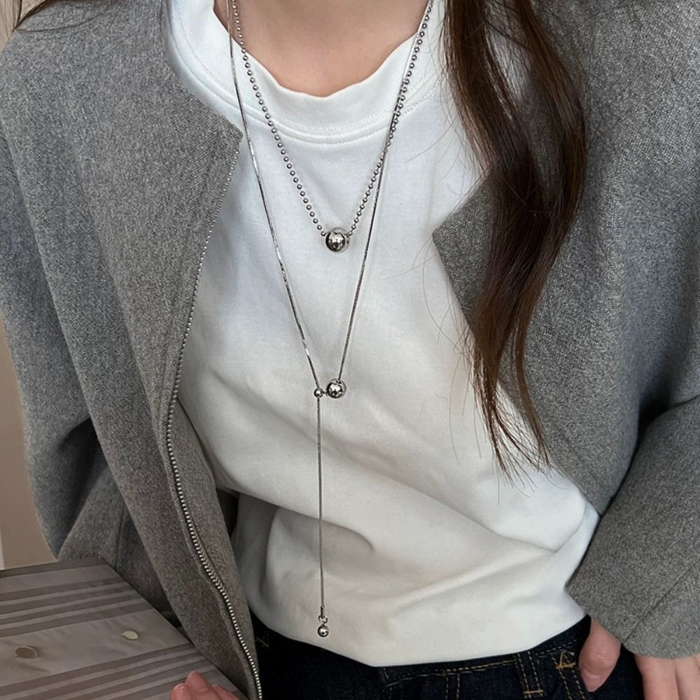 Personality Design Silver Color Stainless Steel Beaded Ball Pendant Necklace for