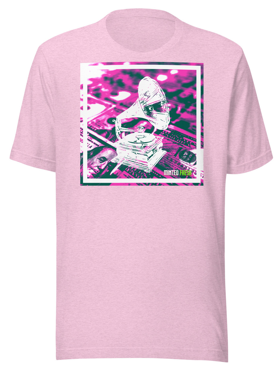 Pink T-shirt with a graphic of a gramophone on a pile of money, Minted Fresh text