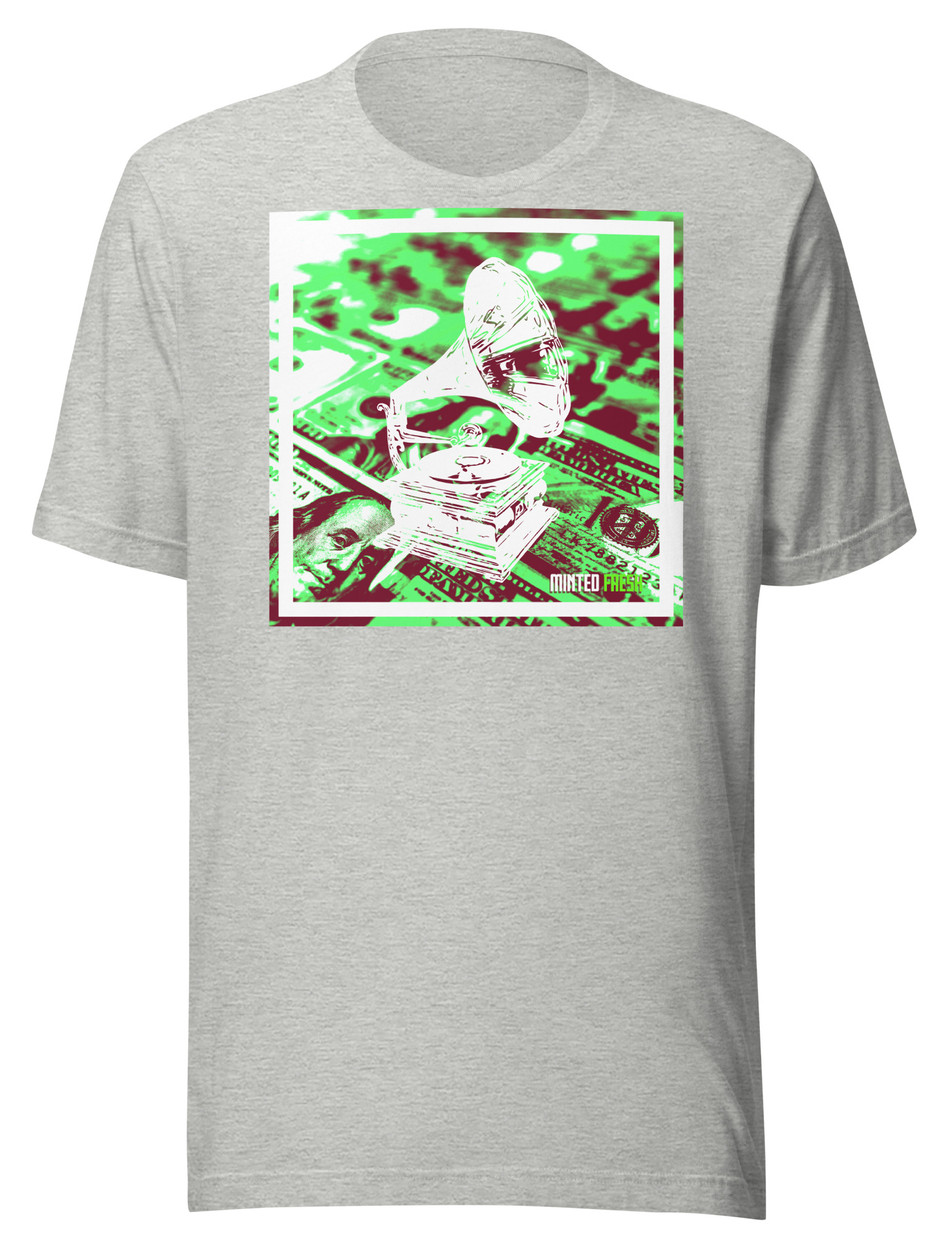 Gray T-shirt featuring a graphic of a gramophone on a bed of US dollar bills, the text 'Minted Fresh' is visible.