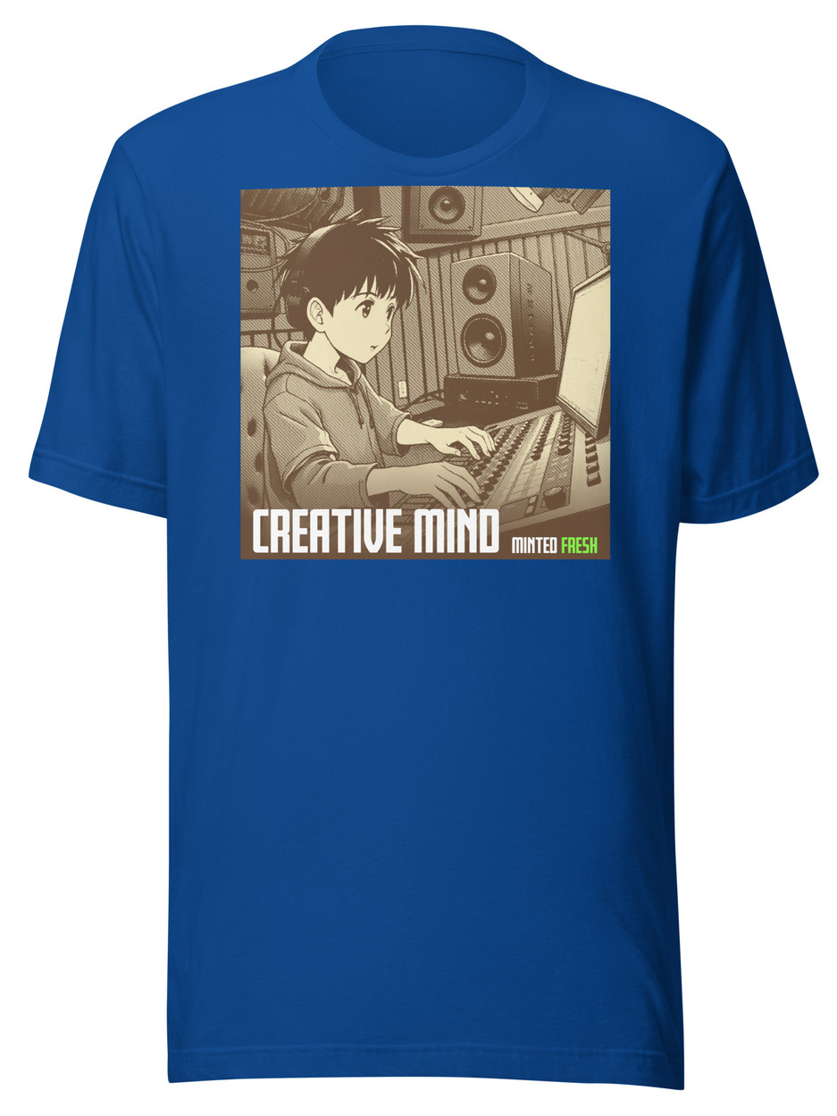 Blue t-shirt with a graphic of a person working on a soundboard, CREATIVE MIND MINTED FRESH