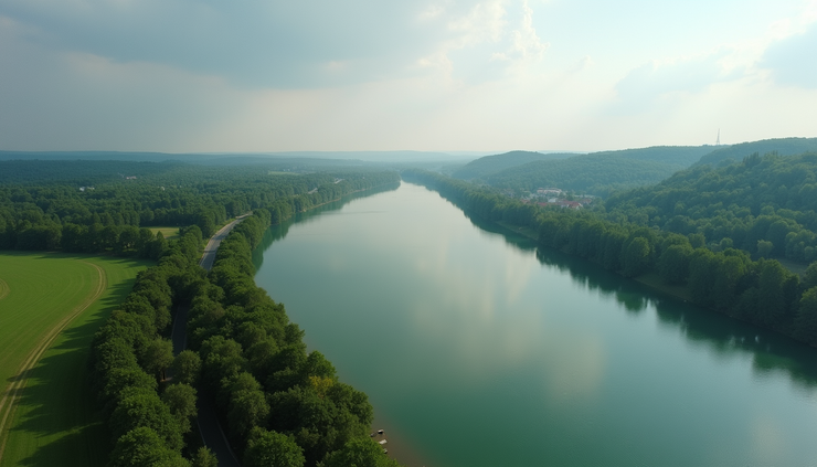 Pogled iz ptičje perspektive na rijeku Dravu i zelene obale u Slavoniji