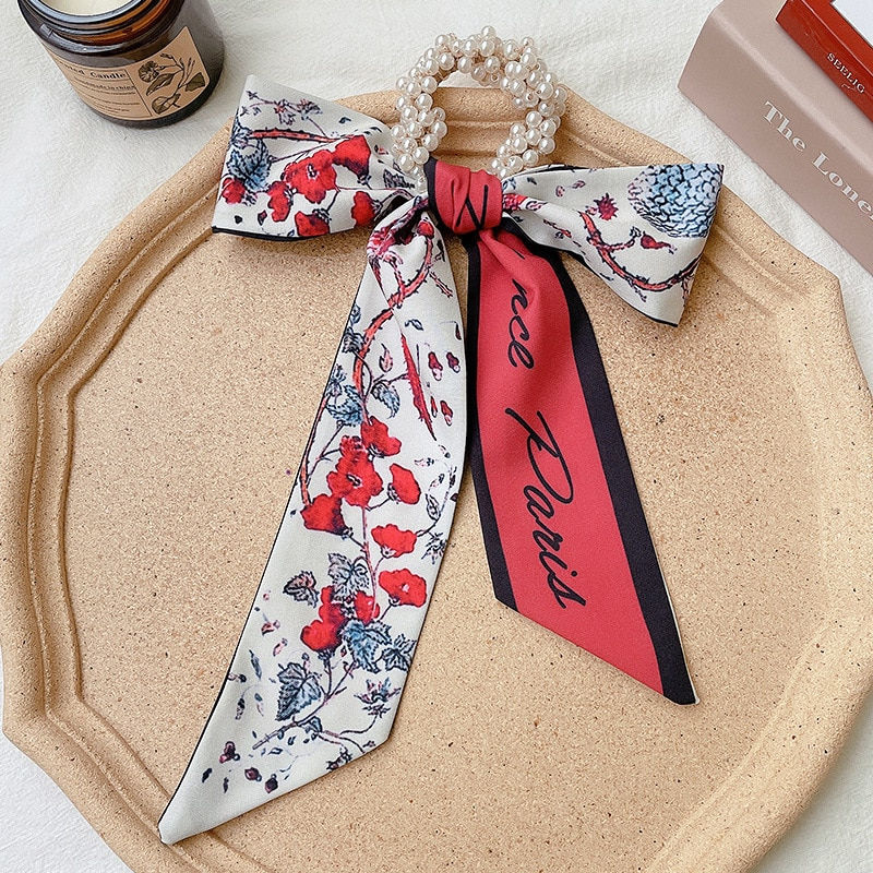 Thumbnail: Fashion Pearl Scrunchies Ties Satin Long Ribbon Ponytail Hair Bundle