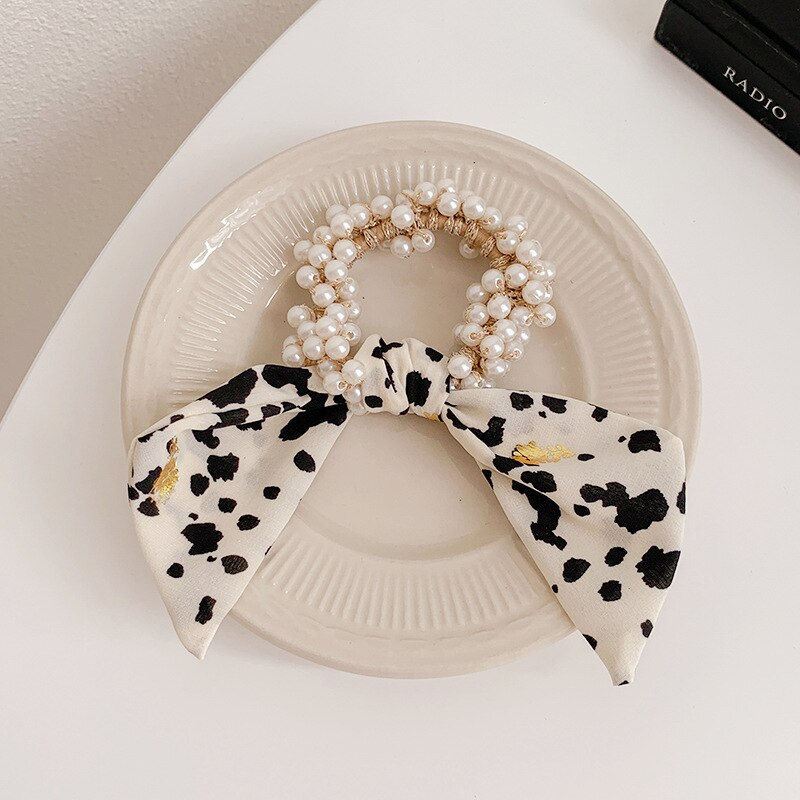 Thumbnail: Fashion Pearl Scrunchies Ties Satin Long Ribbon Ponytail Hair Bundle
