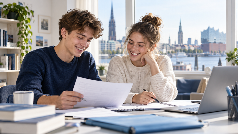 Zwei junge Erwachsene besprechen an einem Schreibtisch Schulunterlagen und eine Bewerbung. KI-generiertes Symbolbild.