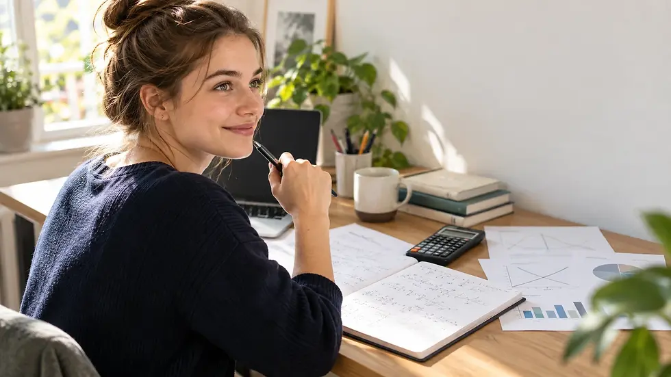 Studierende Person bereitet sich mit Mathematikaufgaben und Formelsammlung auf den WU-WISO-Aufnahmetest vor.