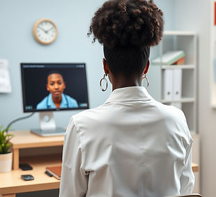 virtual medical clinic appointment with a provider at a computer and a desk in a medical o