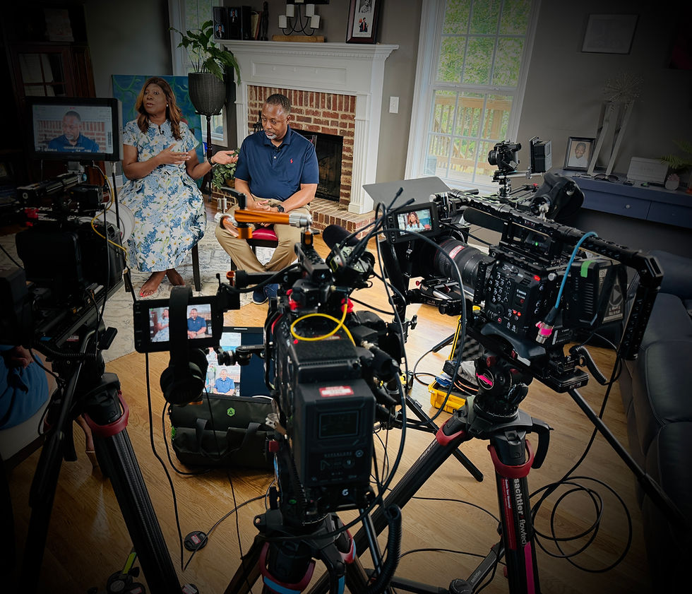 Documentary filmmakers recording a family legacy interview at home