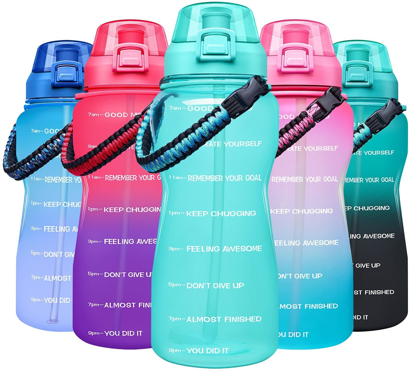 Giotto Large Half Gallon/64OZ Motivational Water Bottle with Paracord Handle &