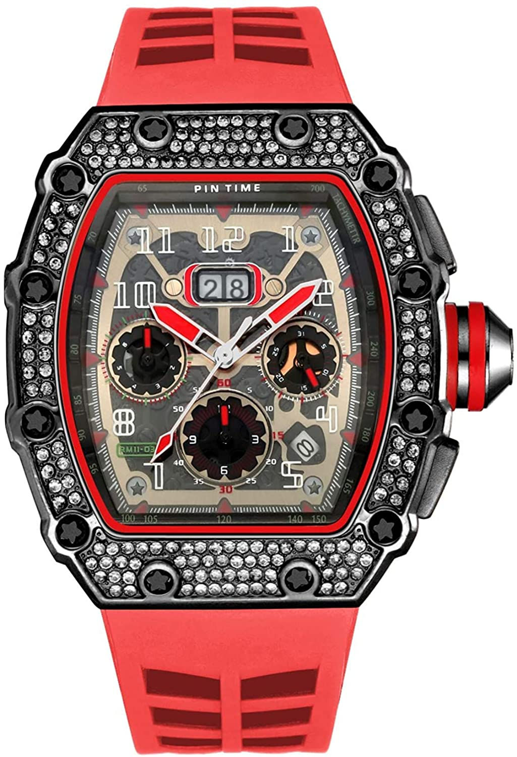 Mens Unique Punk Bling Iced Out Dress Watches Tonneau Rectangle Watches for Men