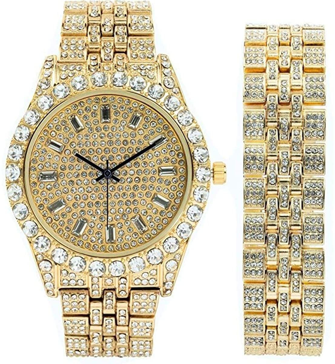 Mens Watch w/Matching Iced Rolly Hip Hop Bracelet - Big Rhinestones on Trim and
