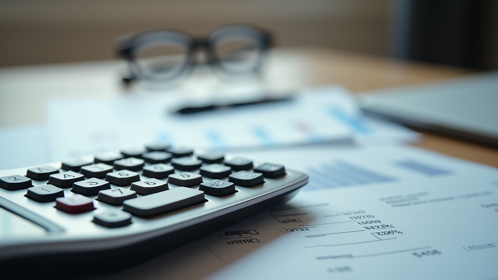 Close-up view of a calculator and financial documents