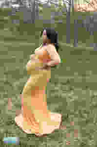 Maternity shoot yellow dress in the woods