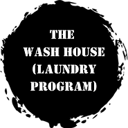 Round ink-style graphic with "The Wash House (Laundry Program)" written inside it in white letters
