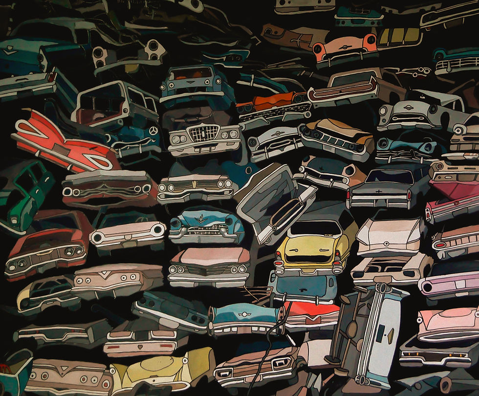 Illustration of old cars piled together in a junkyard