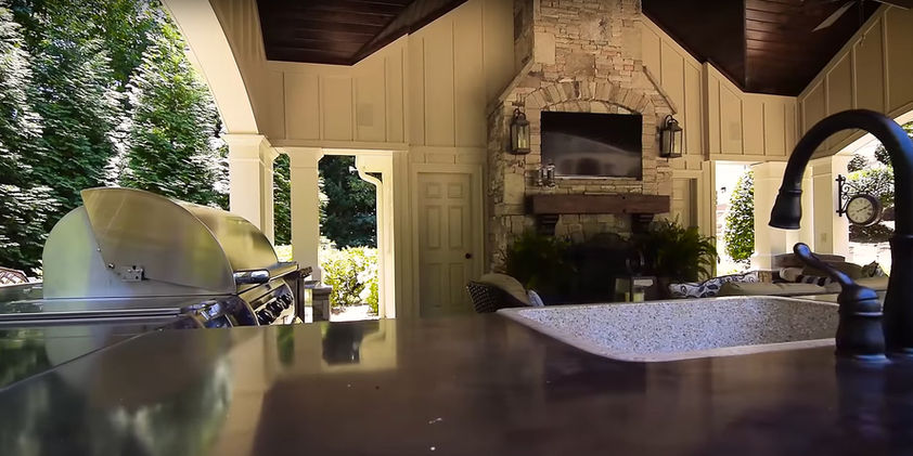 Completed large updated cabana  with outdoor kitchen and TV/ lounging area