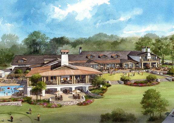 Low bird's eye view rendering of golf course clubhouse and amenity area with pool, dining area and putting green