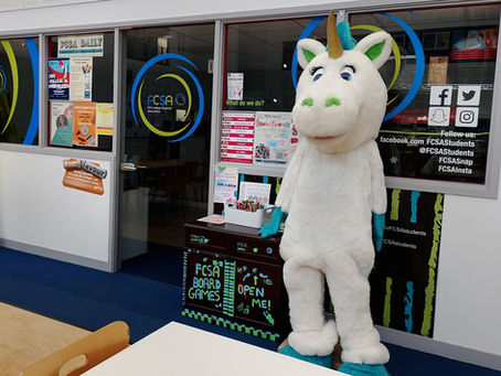 photo of the Fife College Student Association space and their unicorn mascot.