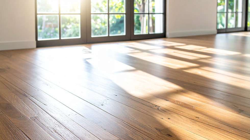 Sunlit empty room with wooden floor and large windows casting bright shadows, warm and airy mood