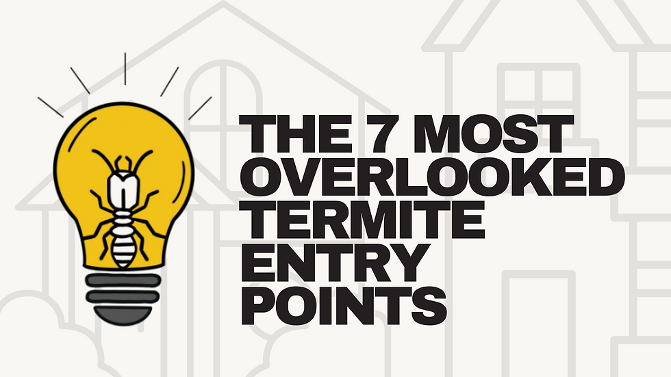 Bold text on a white background stating the seven most overlooked termite entry points next to the Good Sense Termite lightbulb logo