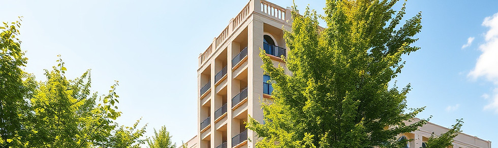 really great, green trees, sunny , well lit, bright outdoor, unique architechtural buildin