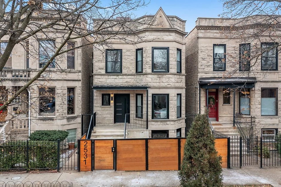 Logan Square classic Greystone with updated entryway and fence.