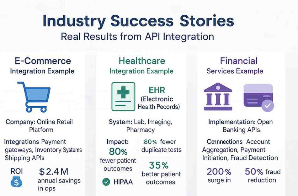 Infographic showcasing API integration success stories across E-commerce, Healthcare, and Financial Services. Highlights include a 45% reduction in checkout abandonment and $2.4M savings in E-commerce, 80% fewer duplicate tests and HIPAA compliance in Healthcare, and a 200% increase in digital transactions with 50% fraud reduction in Financial Services.