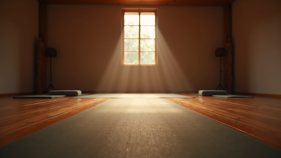 Eye-level view of a serene yoga space with dim lighting