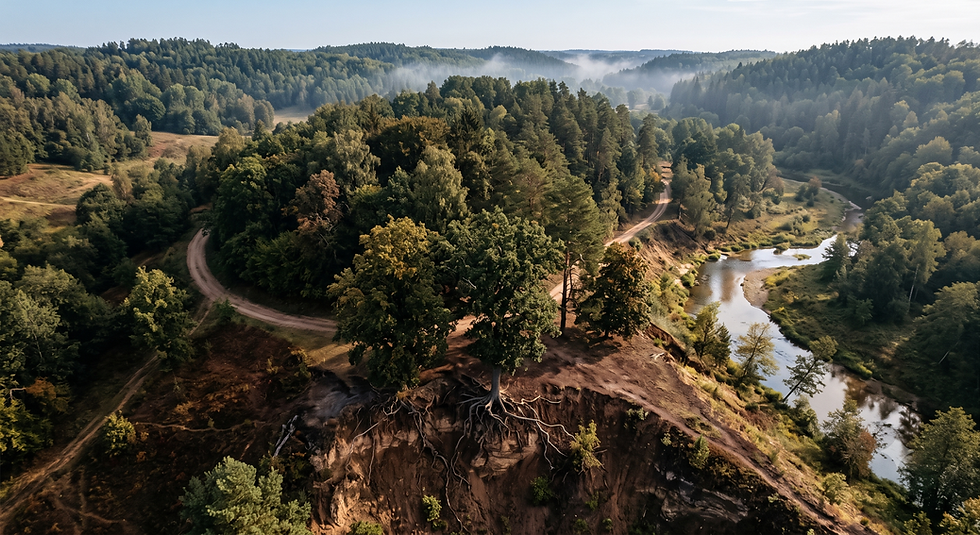 Aerial view of a misty forest valley with winding dirt roads and a river, green trees, and a calm early-morning landscape.