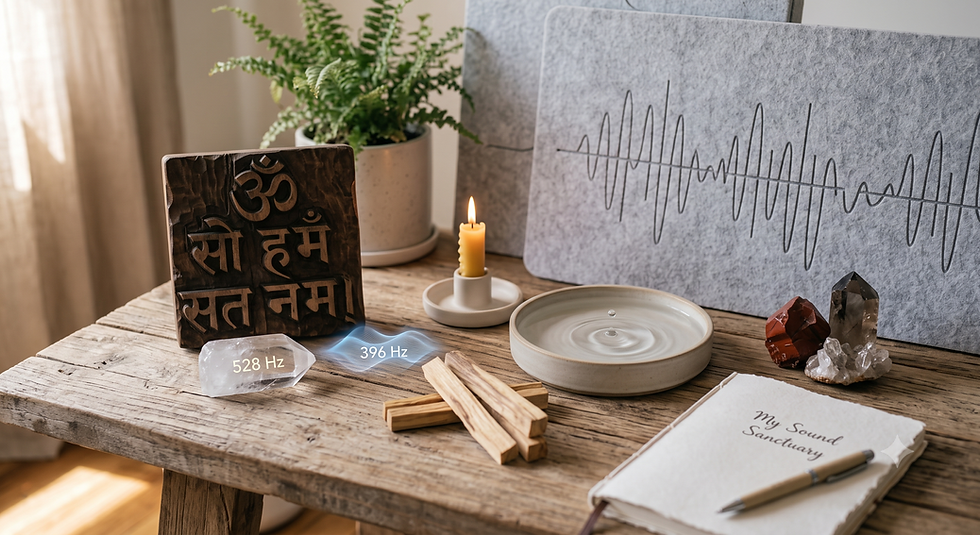 A serene setup for resonance and energetic clearing, featuring frequency-labeled crystals, a lit candle, sacred symbols, and calming elements for a harmonious sound sanctuary.