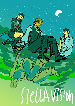 Illust cover for Stellavision. Beak Yill, Lee Daha, Seo Haru are sitting on the water, and Beak Ragin reflect on water. There are stars and moon in the sky.
