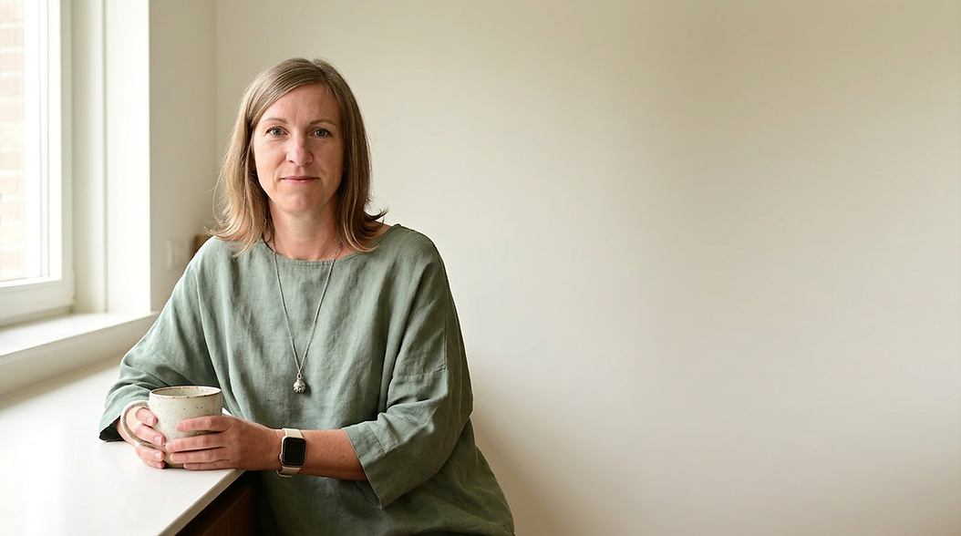Firefly_A woman with light brown hair sitting at a clean kitchen counter on the left side