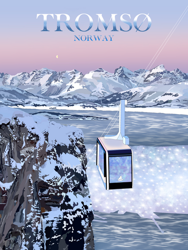 Illustration of Tromsø, Norway, showing a cable car ascending a snowy mountain with a view of the fjord and distant mountain peaks under a pink and blue twilight sky.