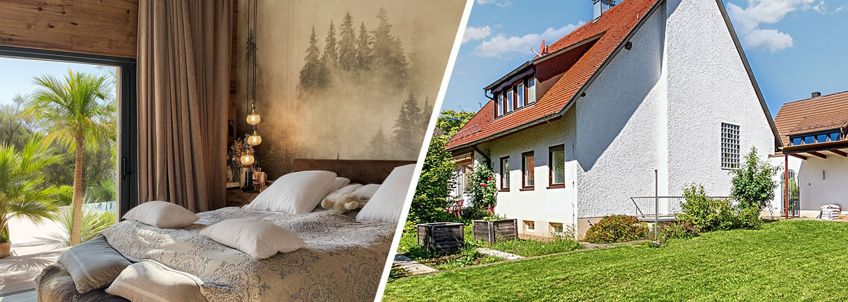 Divided image with a bedroom on the right and a house with garden on the right.