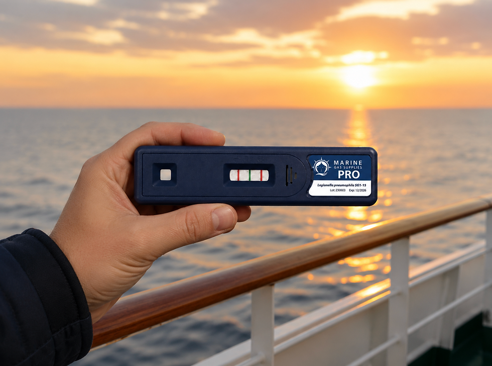 Hand holding a Legionella Testing Range kit on a ship deck.