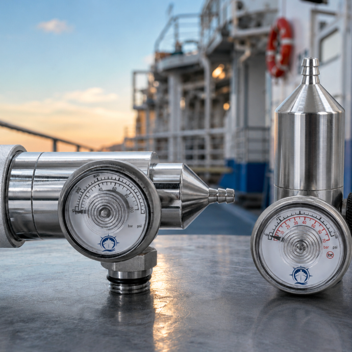 Two industrial gas regulators on a ship deck
