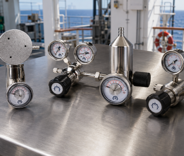 Industrial gas regulators and equipment on a ship deck