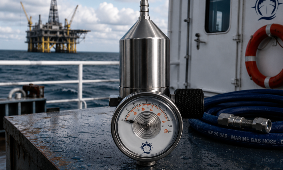 Stainless steel gas regulator on a ship near an offshore rig