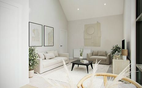 Interior lounge of a modern apartment designed by Benchmark Architecture, featuring contemporary open-plan living, UK.