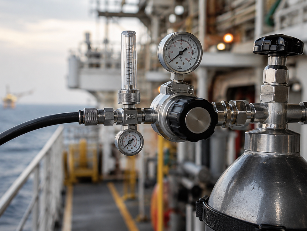 Gas regulator with pressure gauges on an offshore platform.