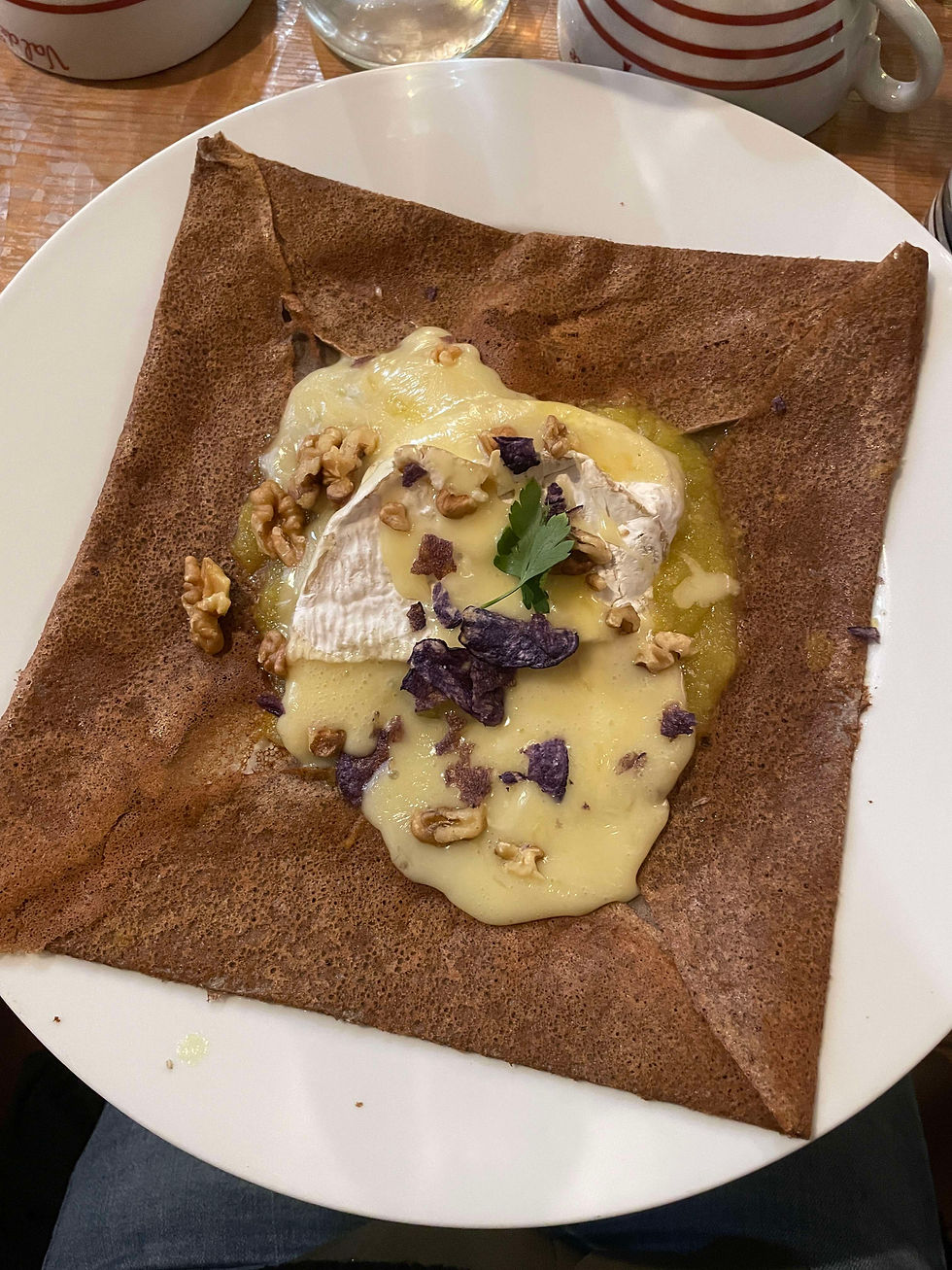 A galette with camembert, walnuts, and apricot purée from La Crêperie de DéDé. Galettes and camembert both have a very strong flavor, so this was an interesting, but spectacular, meal.